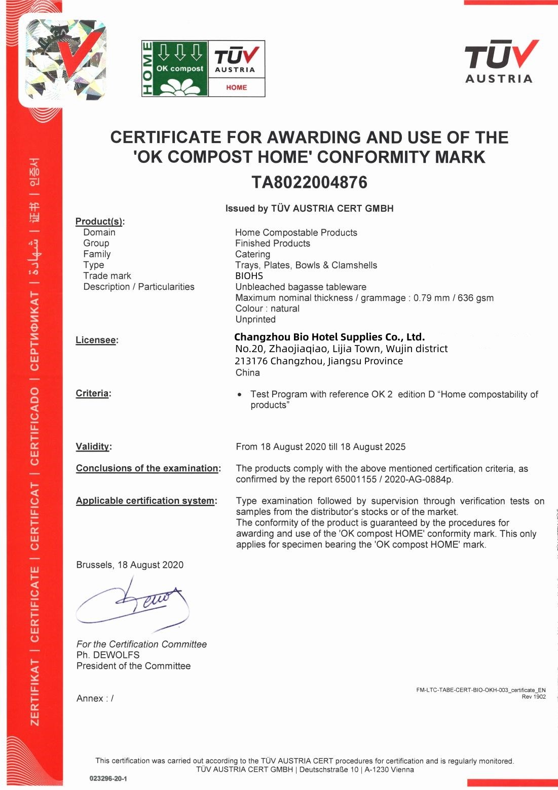 CHINA Changzhou Bio Hotel Supplies Co., Ltd. Certificaten